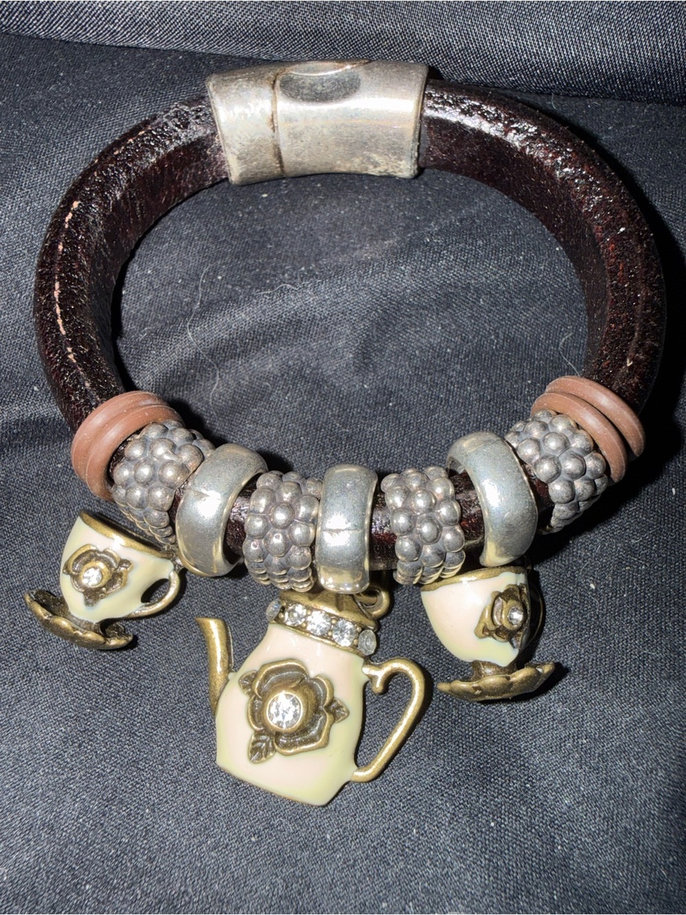 Tea Time Charm Bracelet - Brown Leather with Cream Enamel Charms